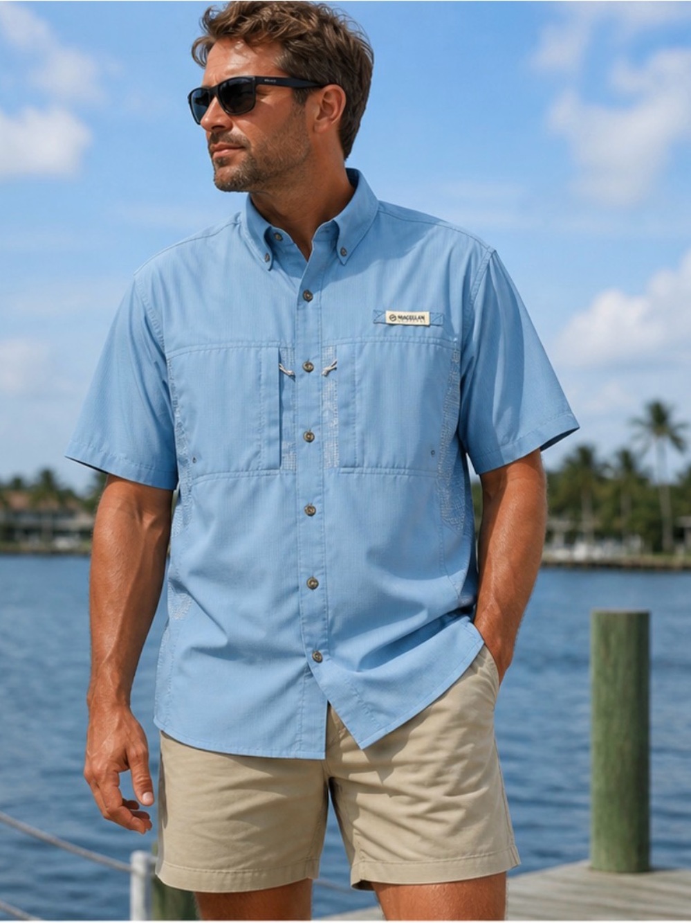 Magellan Outdoors Light Blue Short-Sleeve Button-Down Fishing Shirt Medium